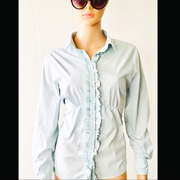 💙 New York & Company Ruffle Front Blue Shirt L - Picture 3 of 7